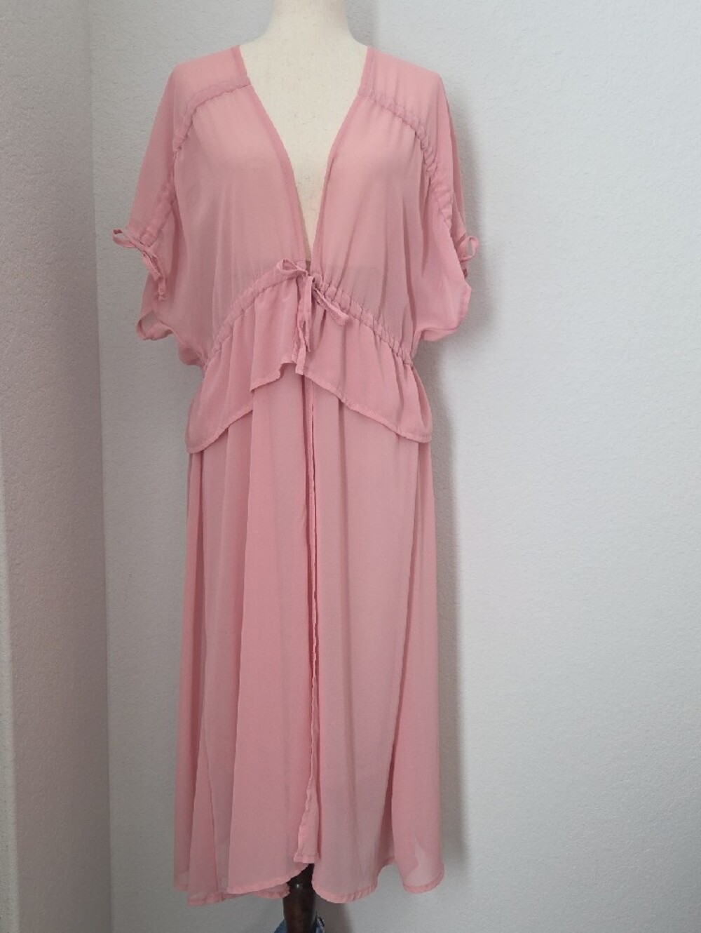 Sheer Soft Pink Rose Long Duster Robe Over Cover With Tie Chiffon XL Romantic
